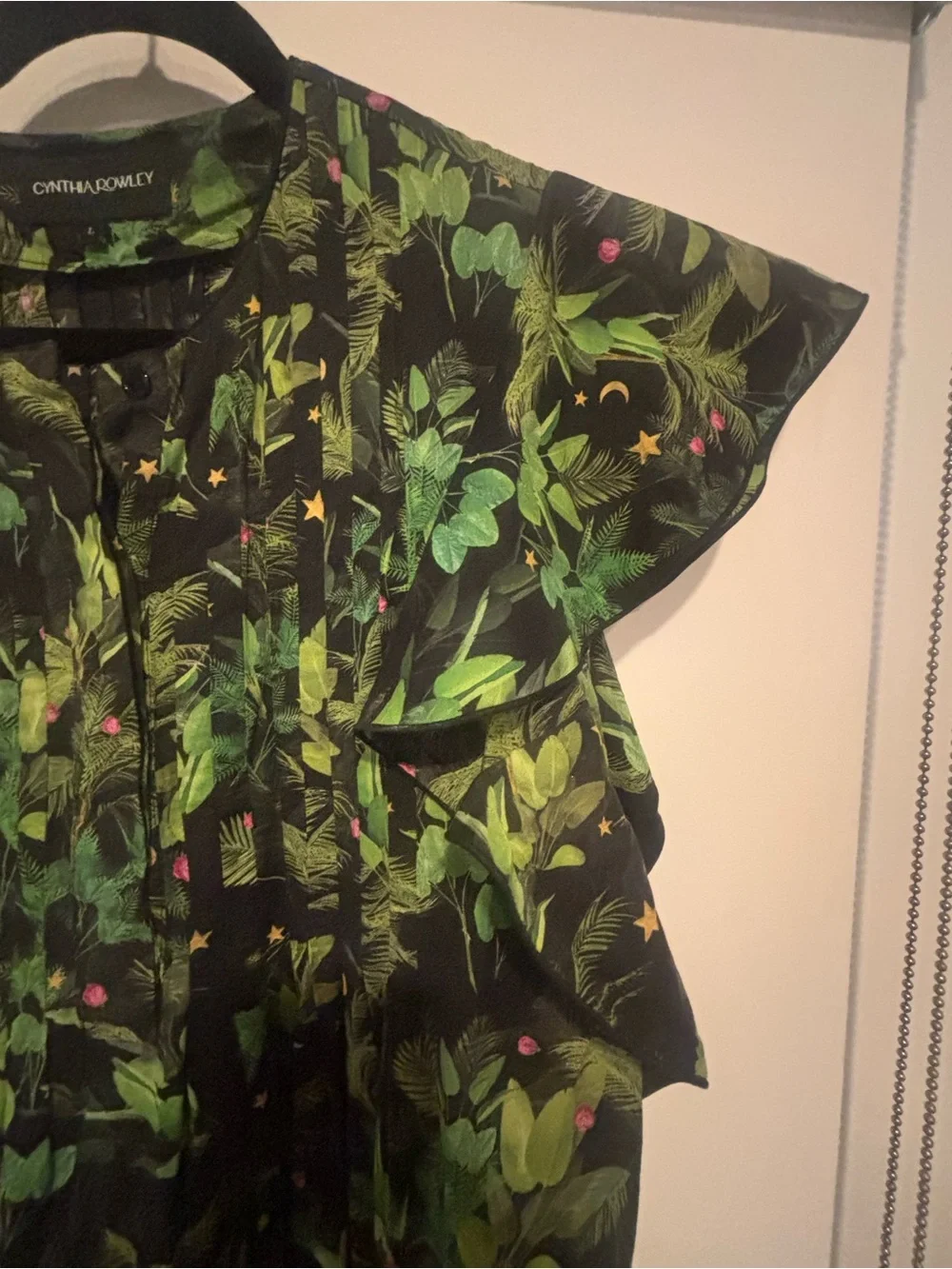 Cynthia Rowley Black Maxi Dress with Green Botanical Print and Pink Accents